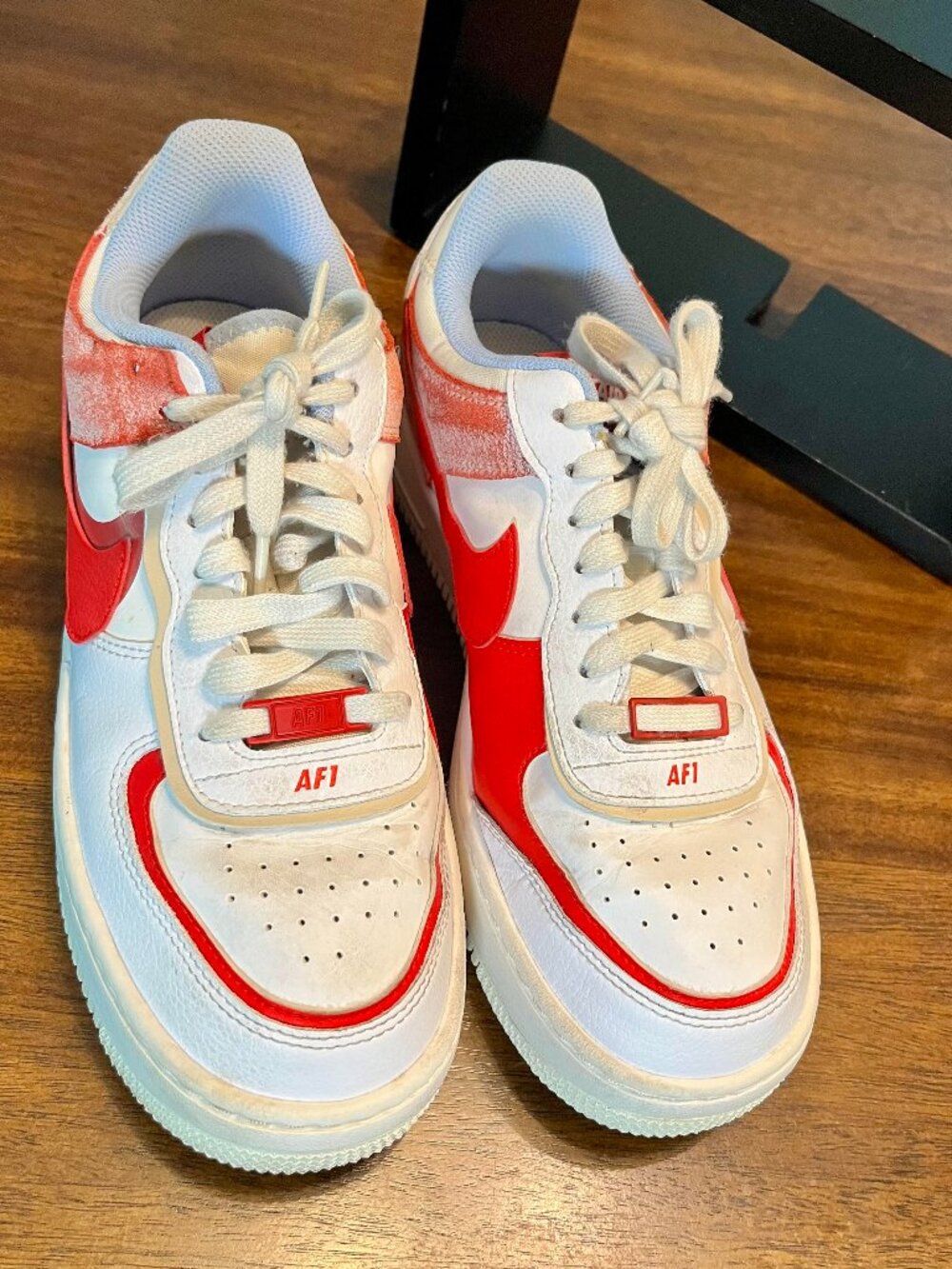 Size 9 Nike Air Force 1 Shadow "Cracked Leather" Red & White Women's Sneakers